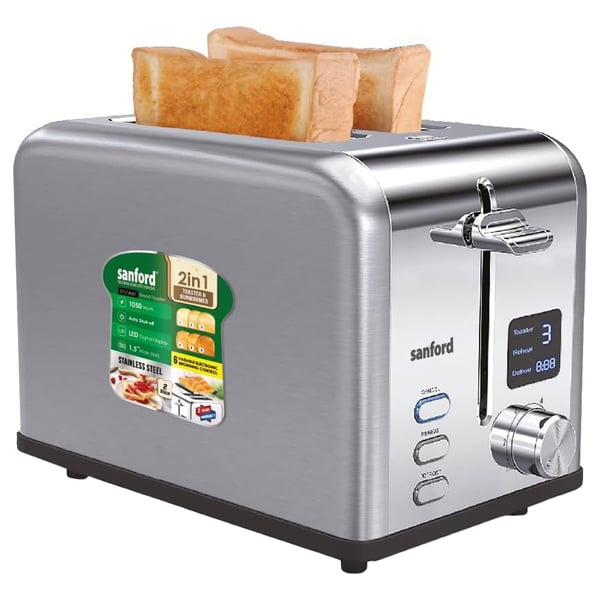 Sanford Bread Toaster SF5746BT BSKitchen Appliances2 Slice Stainless Steel Toaster. 38mm Side Slots: 120 x 120mm Bread. Extra Lifting Function. Self-centering Function. Defrost, Reheat, Cancel Settings with Blue LED Lighting. 6 Variable Electronic Brownin
