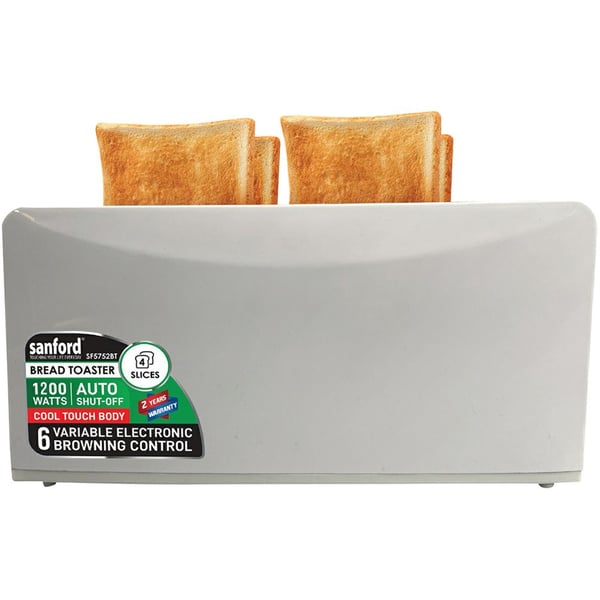 Sanford 4 Slice Bread Toaster SF5752BTBSKitchen AppliancesCool Touch 4 Slice Toaster. 6 Electronic Browing Control. Reheat | Cancel | Defrost. Slider Out Crumb Tray. Wide Slot 36mm, Multi Function. Detachable Bun Warmer Rack. Stainless Steel Slice Holder.
