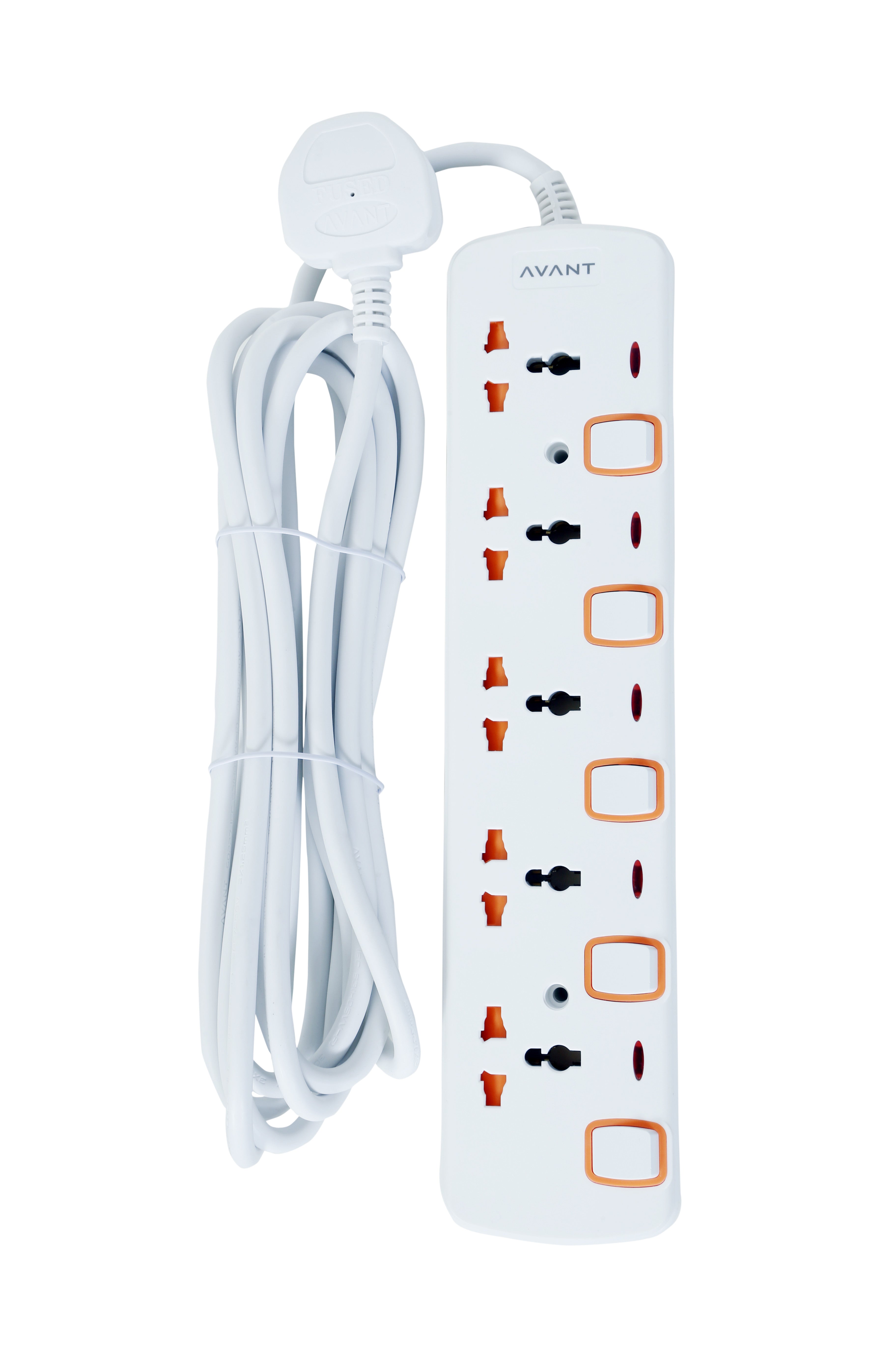 AVANT Extension 5 Way Universal Socket 2 Meter Cord 13A Plug with individual Switches and LED neon Indicator White