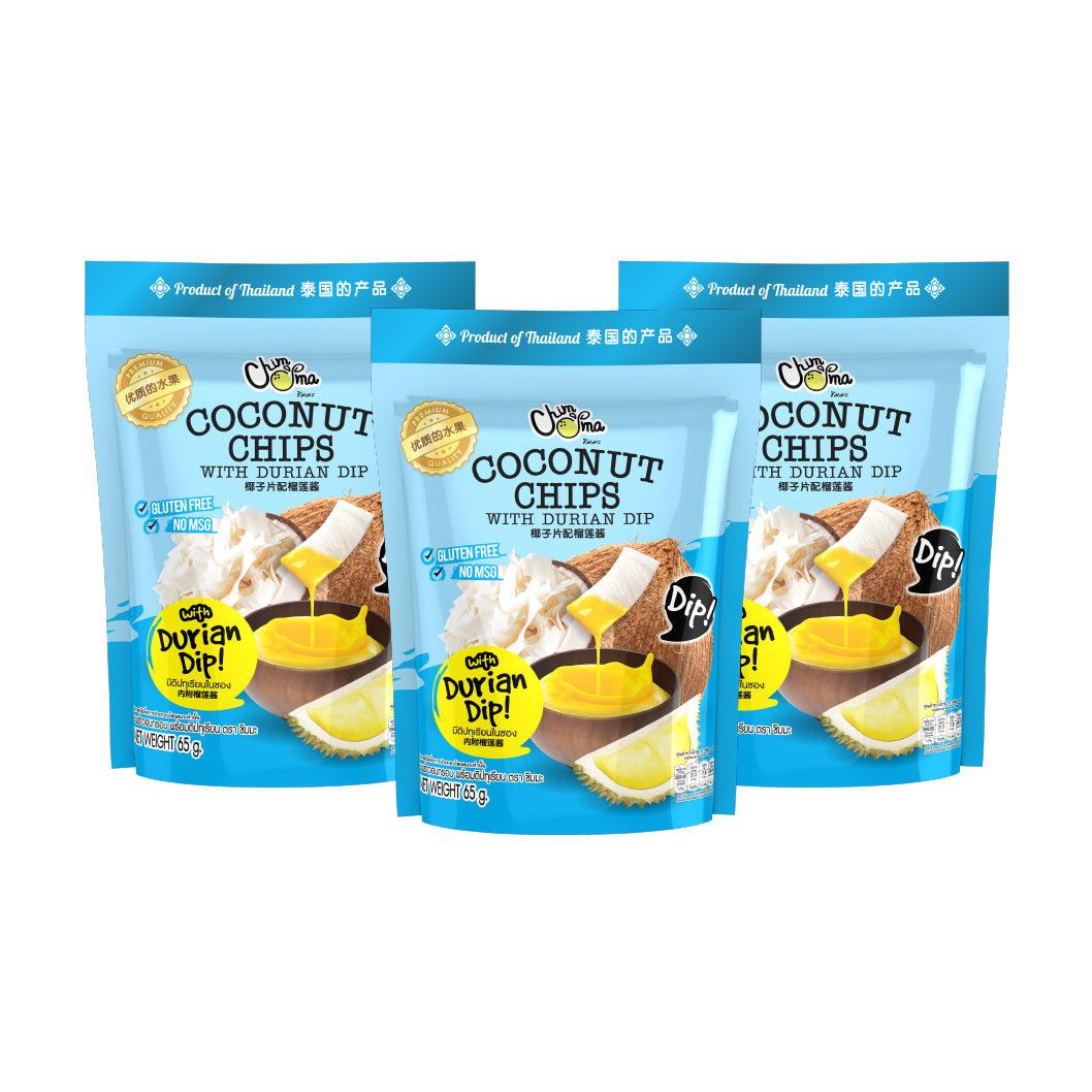 SET CHIMMA Coconut Chips with Durian Dip 65G x3packsSnacksA Tropical Crunch Like No Other!Enjoy the light, crispy crunch of coconut chips, taken to the next level with our rich and creamy durian dip. This snack is a harmonious blend of nuttiness, tropical