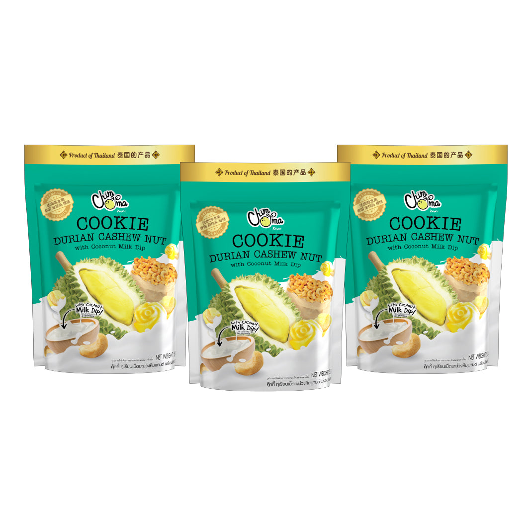 SET CHIMMA Cookies Durian Cashew Nut with Coconut Milk Dip 50G x3packsSnacksA Unique Crunch with a Durian Twist!Discover the perfect blend of bold durian flavor, crunchy cashew nuts, and buttery cookies, enhanced by our creamy coconut milk dip. Each bite