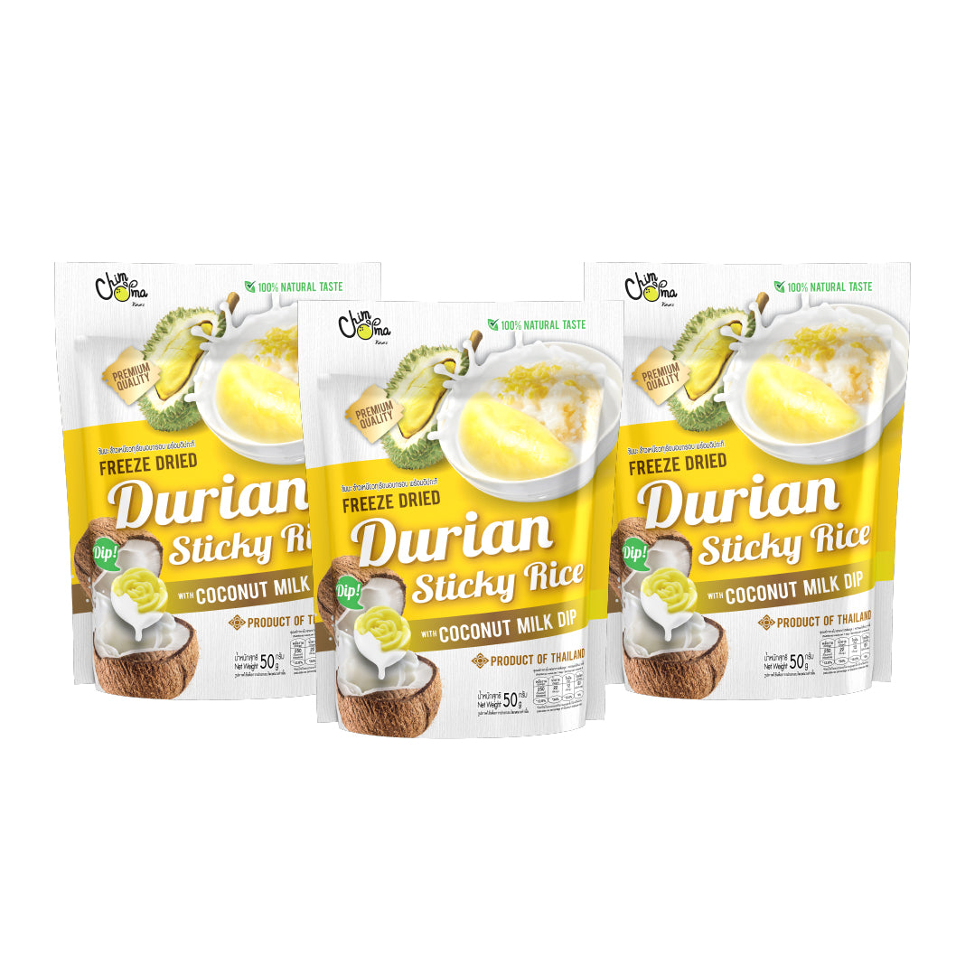 SET CHIMMA Freeze Dried Durian Sticky Rice with Coconut Milk Dip 50G x3 packsSnacksThe King of Fruits Meets Tradition!Experience the bold, creamy flavor of durian, perfectly balanced with the sweetness of sticky rice and our signature coconut milk dip. Th