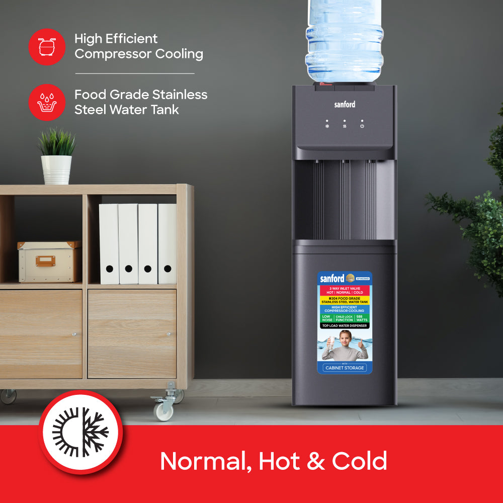 Sanford Hot, Normal & Cold Top Load Water Dispenser with Cabinet Storage - SF1403WD
