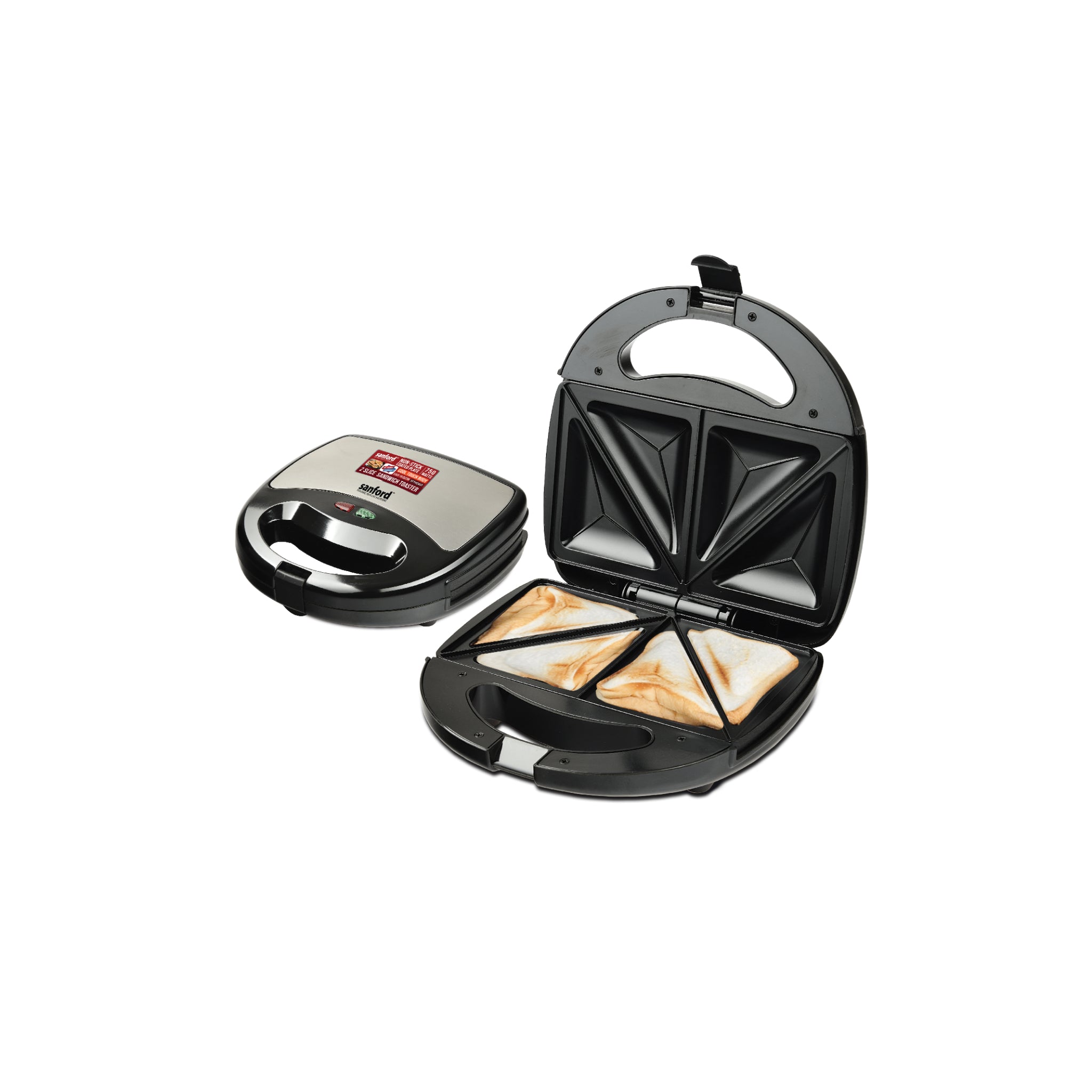 Sanford 2 Slice Sandwich Toaster SF9924STBSKitchen Appliances2 Slice Sandwich Toaster. Triangle Sandwich Plate. Over Heat Protection. Non-Stick Coating Plate. Thermostatically Controlled. Power & Ready Pilot Lights. Cool Touch Housing. Skid-Resistant Feet