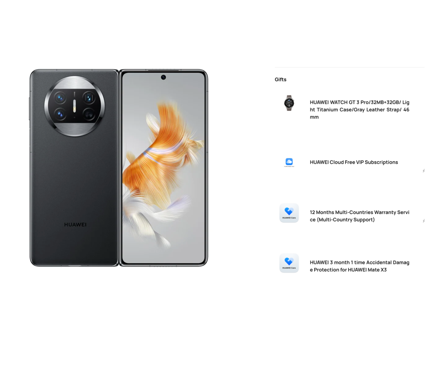 HUAWEI Mate X3 12GB+512GBMobilesUnfold a New Horizon Slim, Lightweight Quad-Curve Foldable Design Durable Kunlun Glass Ultra Vision XMAGE Camera Slim, Lightweight Quad-Curve Foldable Design239g Quad-Curve Body⁠1, Slimmed Down to 5.3 mm thickness⁠, Advance