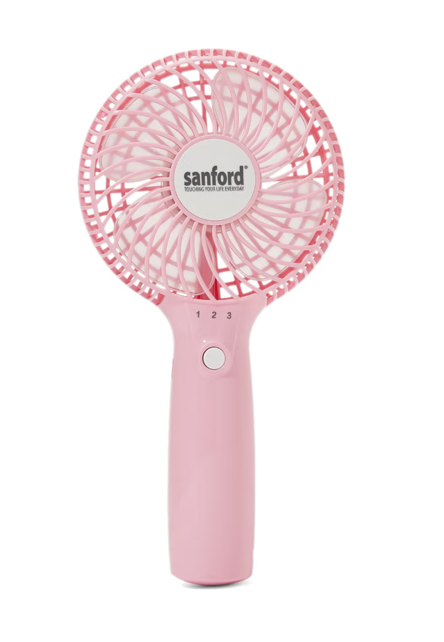 Sanford 4-Blade Hand Fan SF947HFN PinkHome EnvironmentStylish Comfort in Your Hand. 4 Soft Blades – Safe, effective airflow for personal comfort USB Rechargeable – No batteries needed; includes charging cable Compact & Lightweight – Easy to carry in handb