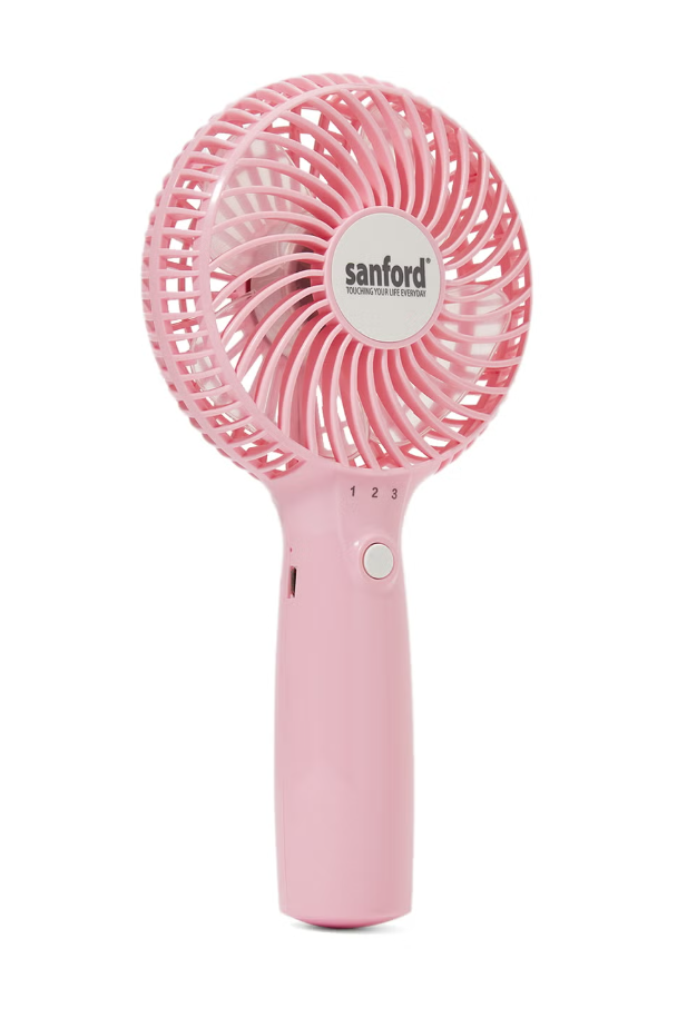 Sanford 4-Blade Hand Fan SF947HFN PinkHome EnvironmentStylish Comfort in Your Hand. 4 Soft Blades – Safe, effective airflow for personal comfort USB Rechargeable – No batteries needed; includes charging cable Compact & Lightweight – Easy to carry in handb