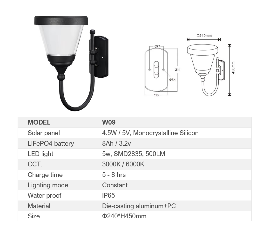 Outdoor Solar Wall Light W09 – 3000K Warm White LED | Energy Saving | 1-Year Warranty