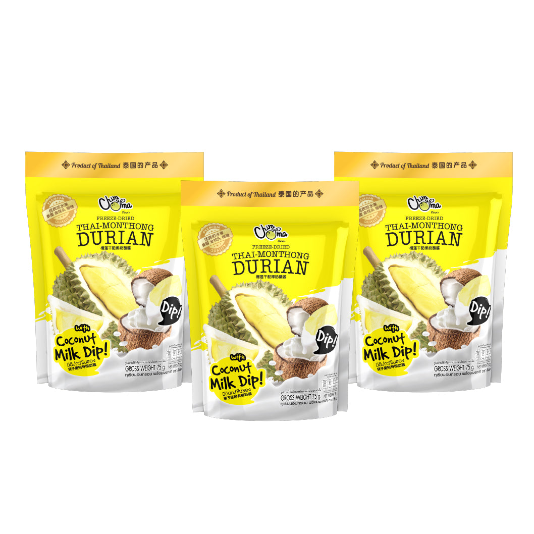 Smack The Pure Durian Lover (Freeze Dried Durian with Coconut Milk Dip 50Gx3)SnacksA dream set for true durian fans! This pack contains three bags of CHIMMA’s premium freeze-dried durian, offering a crispy yet creamy durian taste, perfectly paired with th