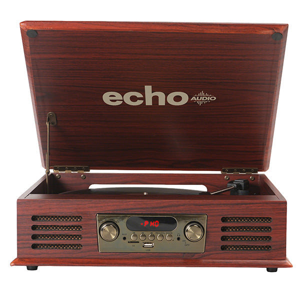 Echo Audio Turntable Player with Built in Speakers (Legend) WalnutOutput power: 2*5W Speaker unit: 2.5* 2pcs USB input and TF card reader Bluetooth pairing for wireless audio FM radio LED display Turntable plays 33 , 45, and 78-rpm records RCA out and AUX