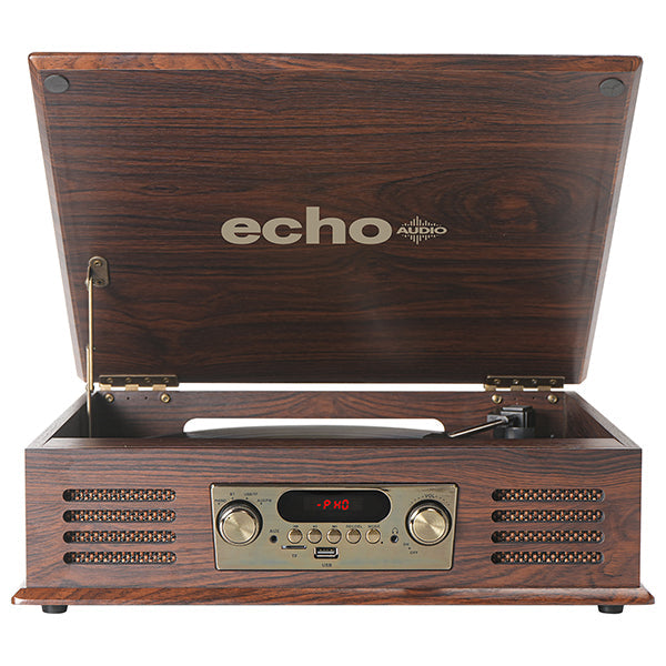 Echo Audio Turntable Player with Built in Speakers (Legend) MahoganyOutput power: 2*5W Speaker unit: 2.5* 2pcs USB input and TF card reader Bluetooth pairing for wireless audio FM radio LED display Turntable plays 33 , 45, and 78-rpm records RCA out and A