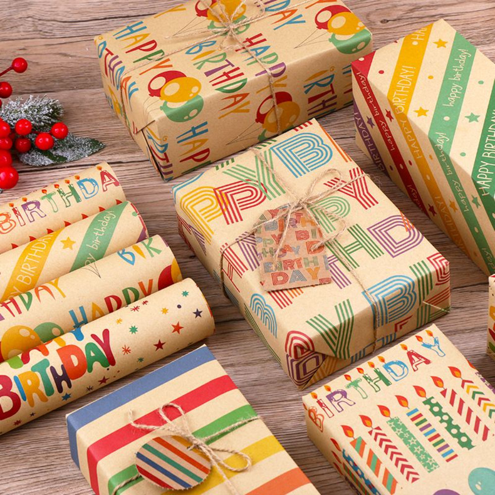 Happy Birthday Kraft Wrapping Paper - 6pcs, 50CM X 70CM, Birthday Wrapping Paper