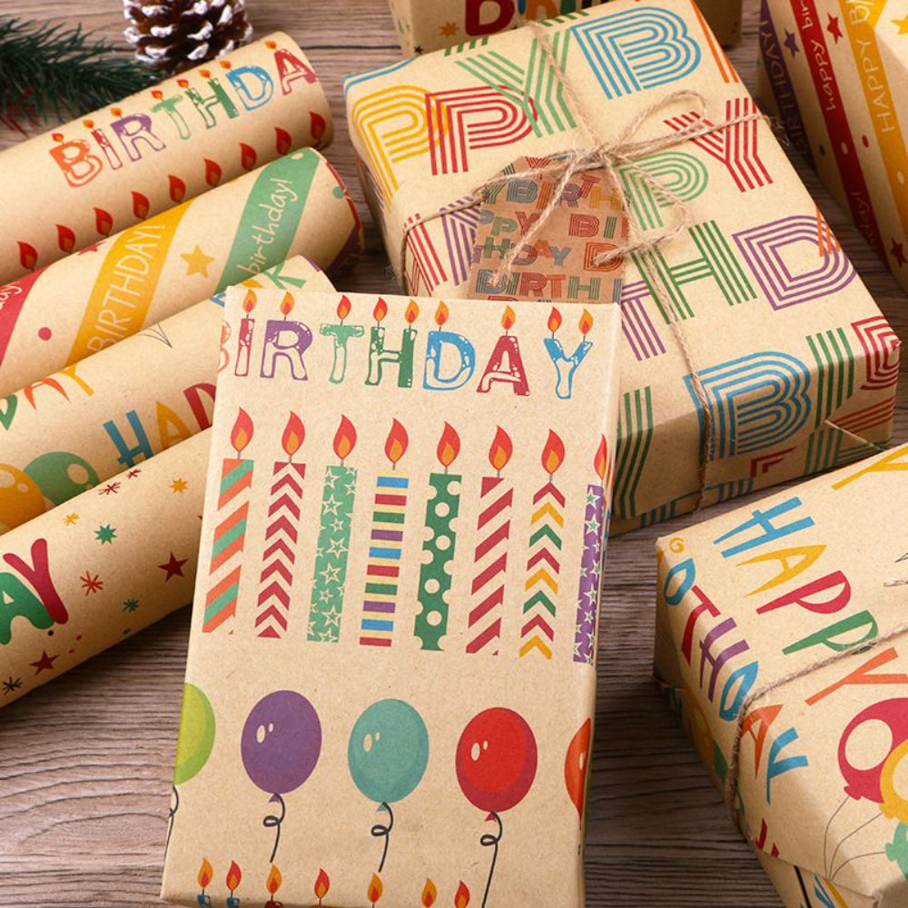 Happy Birthday w/ Printed Candle & Balloon Kraft Wrapping Paper - 6pcs, 50CM X 70CM, Birthday Wrapping Paper