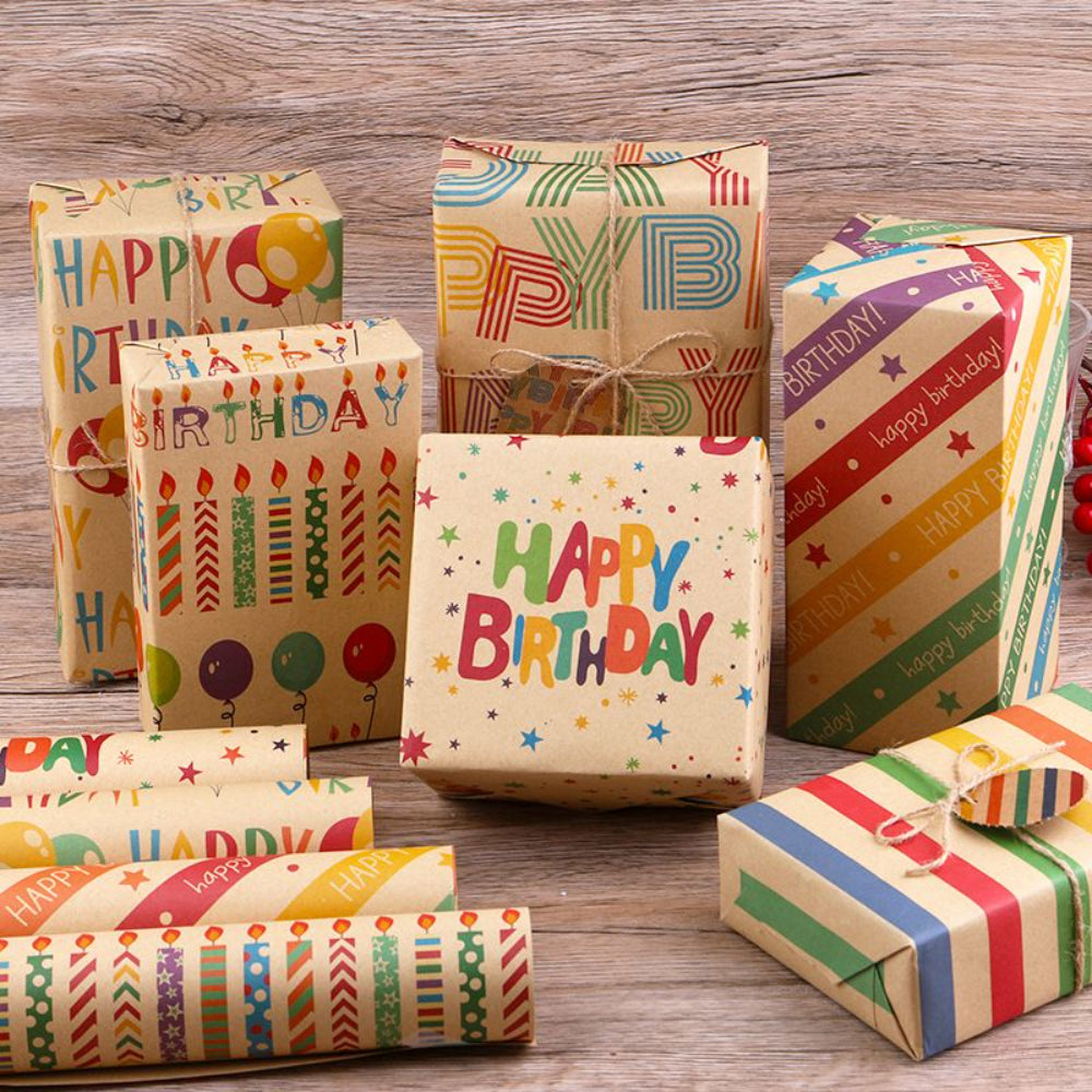 Happy Birthday Star Printed Kraft Wrapping Paper - 6pcs, 50CM X 70CM, Birthday Wrapping Paper