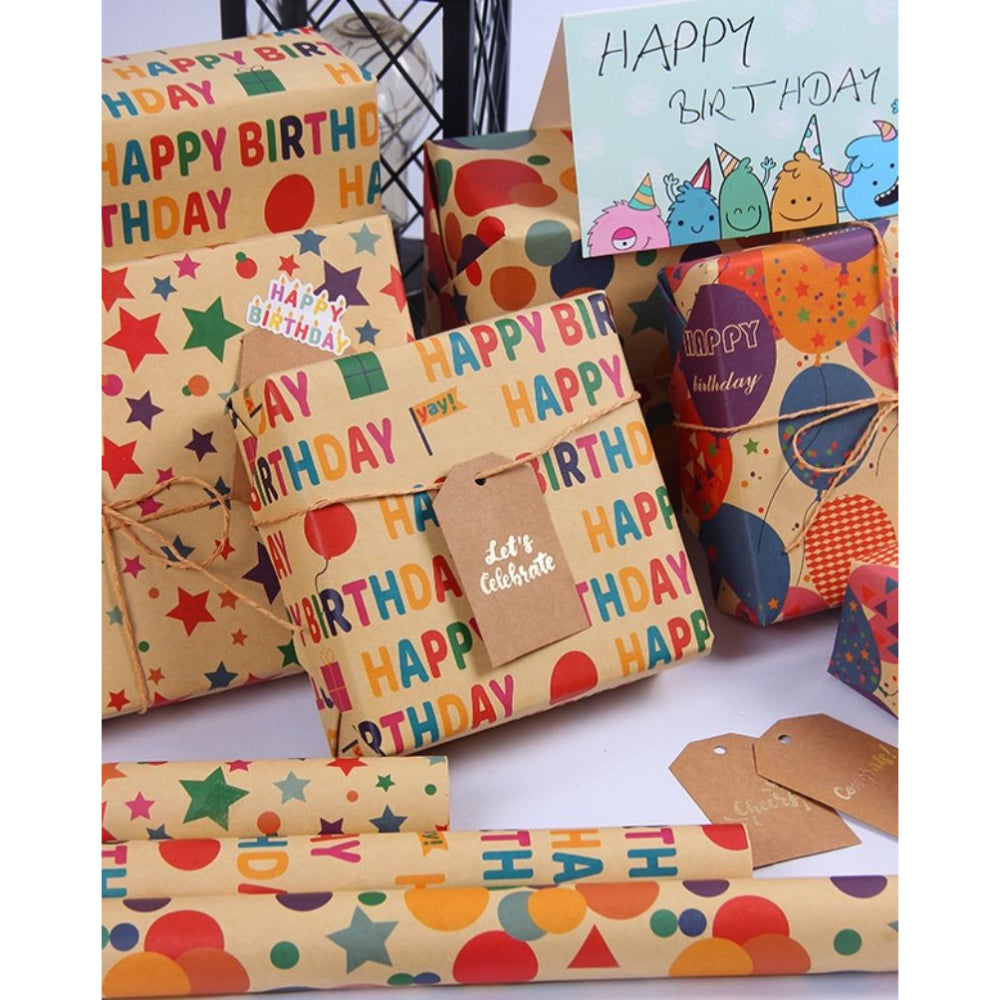 Happy Birthday Symbol Printed Kraft Wrapping Paper - 6pcs, 50CM X 70CM, Birthday Wrapping Paper