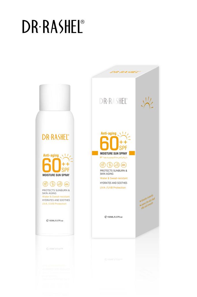 DR. RASHEL Anti-Aging And Moisture Sun Spray SPF 60 Clear 150mlPersonal Care🌞 Broad Spectrum SPF 60++ Protection: Shields skin from harmful UVA and UVB rays, preventing sunburn and premature aging. 💧 Moisturizing Formula: Infused with hydrating ingredie