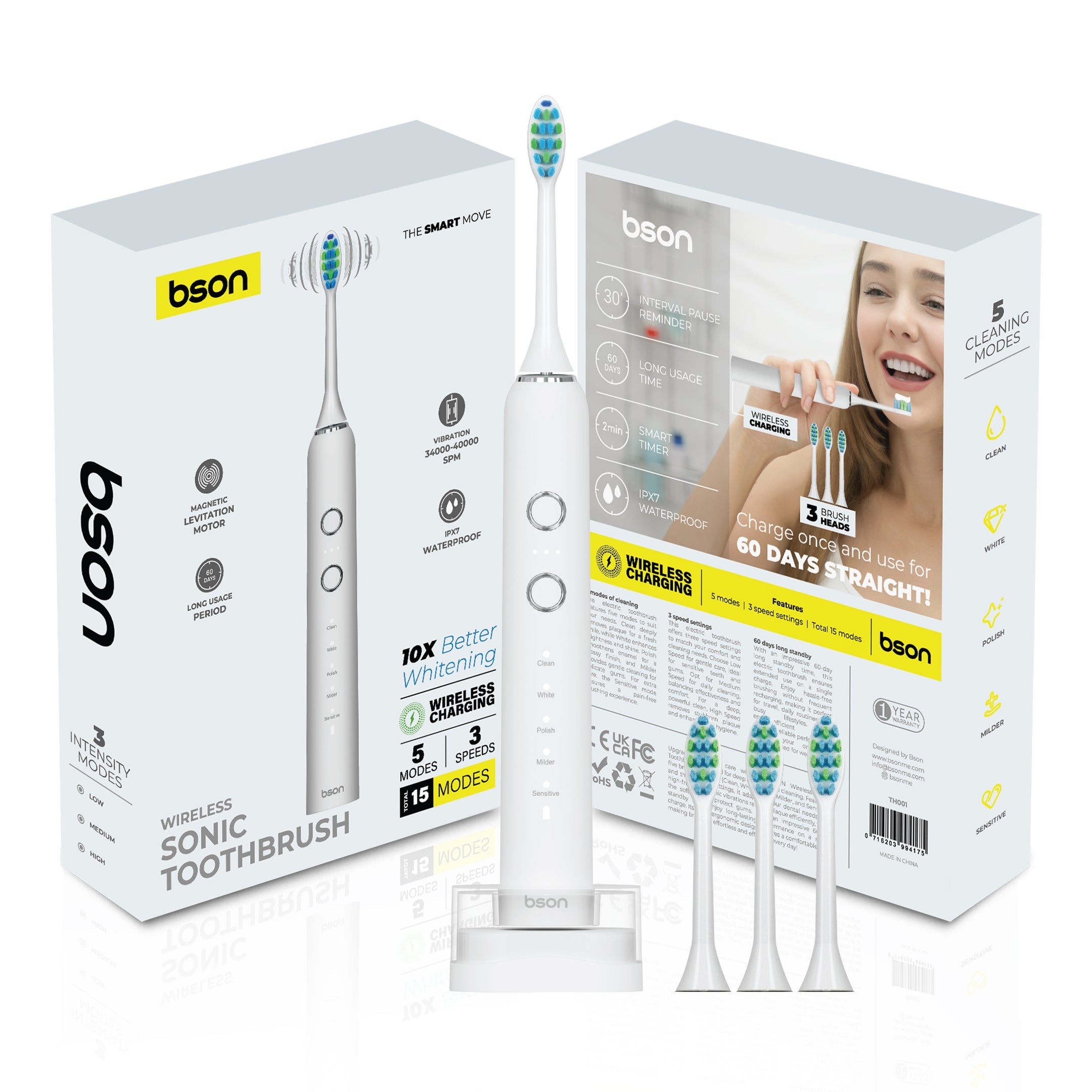BSON Wireless Sonic Toothbrush – 10X Better Whitening, 60-Day Battery Life, Wireless Charging, 40,000 SPM & IPX7 Waterproof