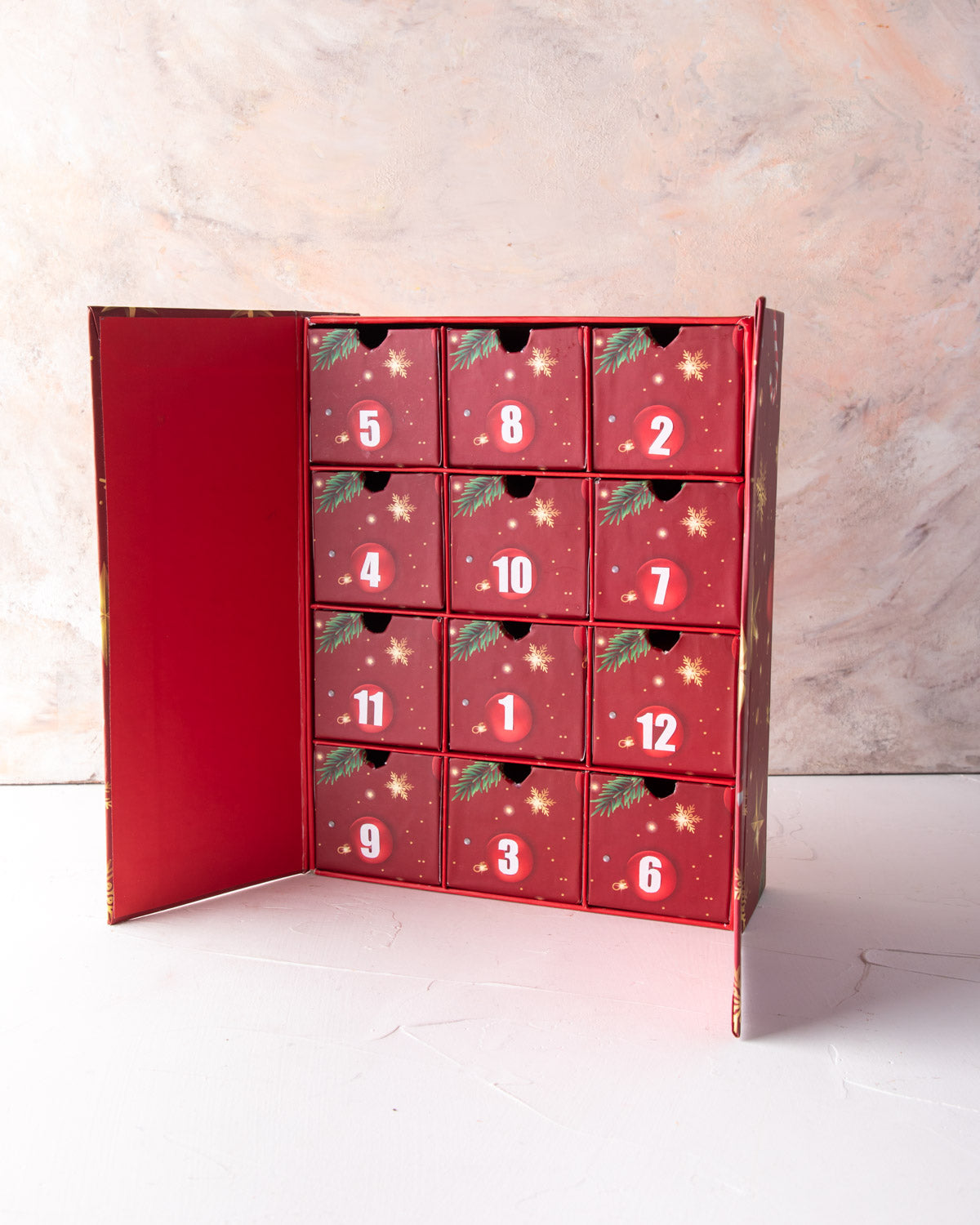 Chocolate Advent Calendar by NJDChocolate & ConfectioneryYour Gift Contains: 12 days chocolate Advent calendar by NJD 1. 1 box Milk chocolate covered Oreos 2. 1 box Dark chocolate covered Oreos 3. 1 box Milk chocolate Truffles 4. 1 box Dark chocolate Truf