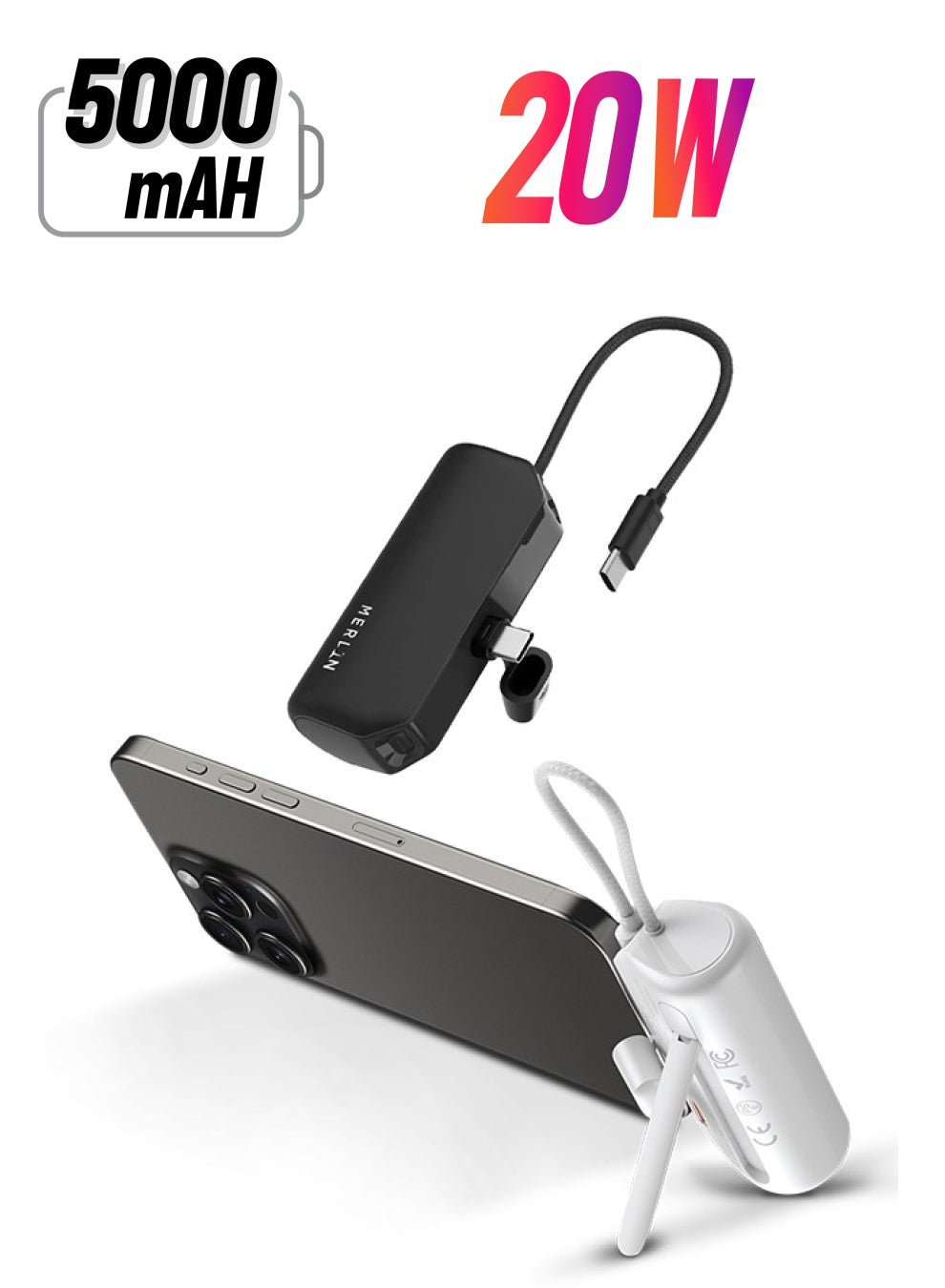 Merlin PD Powerstand Portable Power bank 5000mAh with 20W PD fast chargingBuiltin TypeC pin and additional fast charging cables Compatible with iOS and Android device (BLACK)