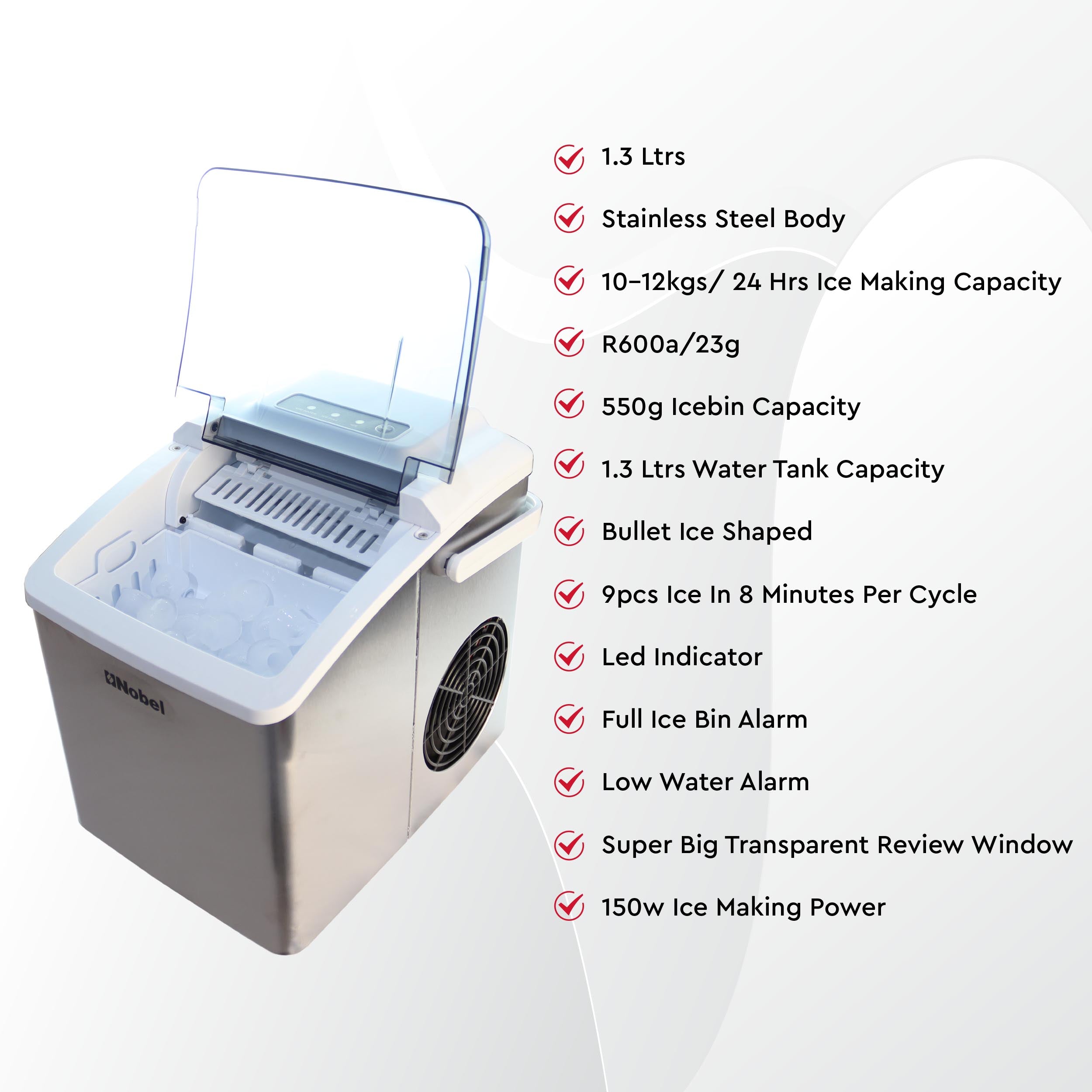 Nobel Bullet Shaped Ice Cube Maker 10-12kgs/24 Hrs Ice Making Capacity with 9pcs Ice in 8 Minutes Per Cycle|1.3 L Water Container Capacity with LED Indicator 1.3 L 150 W NIM13S - SilverKitchen Appliances❄️ 12kg Ice Production in 24 Hours: Consistently del