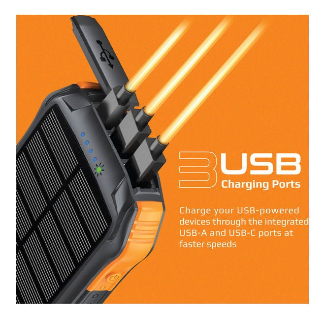 Promate SolarTank-10PDQi 10000mAh Solar Power Bank – IP65, 20W PD, QC3.0, 10W Wireless, 300lm LED