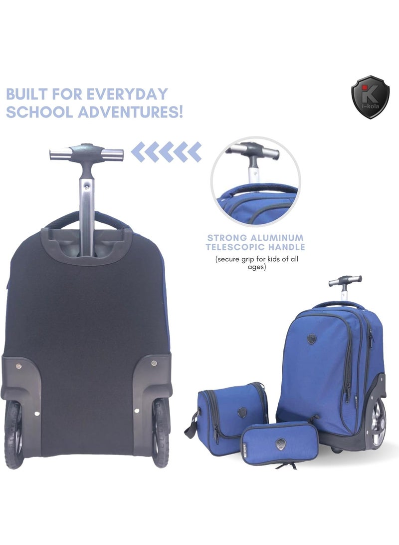 i-kola 3pcs Solid Blue Kids Rolling School Bag Set - Black rolling suitcase and blue backpack with telescopic handle on a white background