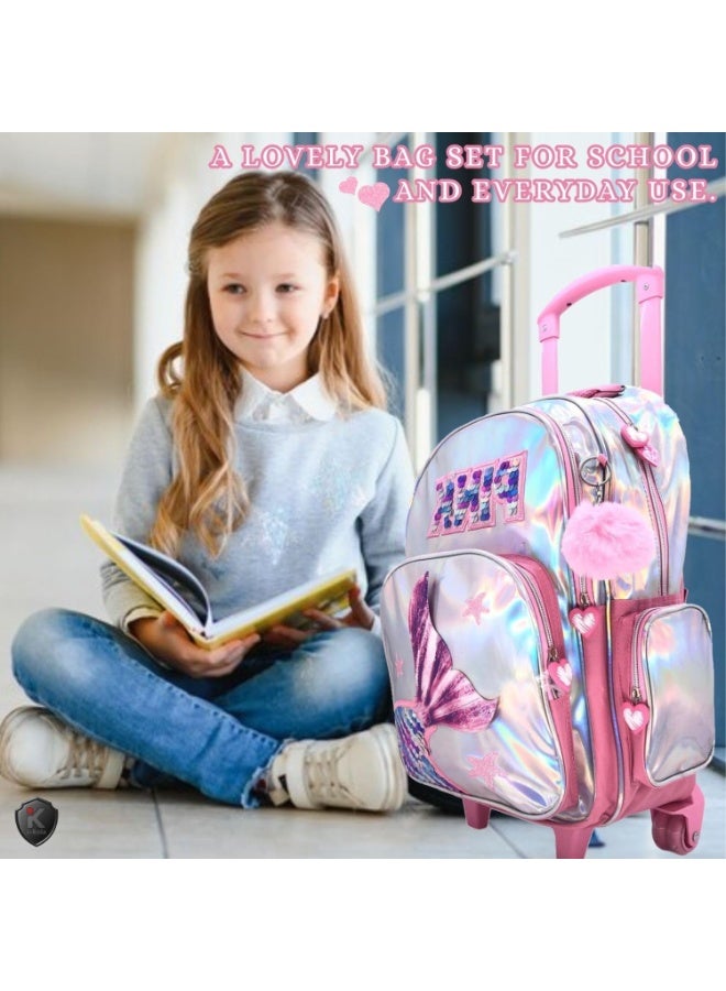 Girl with a pink backpack and suitcase, sitting on the floor.