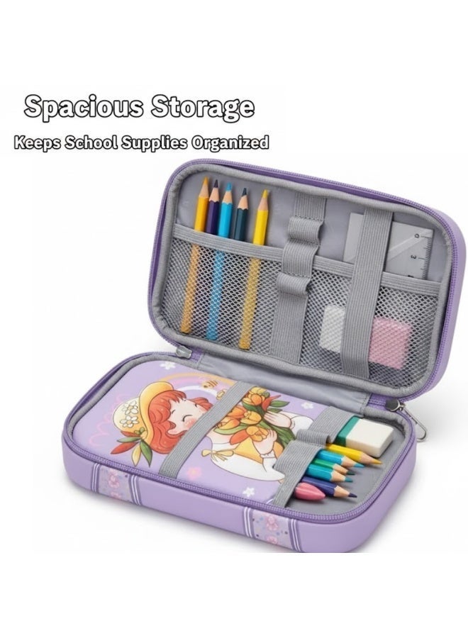 Lukadah Kids Pencil Case with Calculator – Purple Cartoon Pencil Box, Large Capacity Zipper Stationery Organizer for School, Kindergarten & Primary Students
