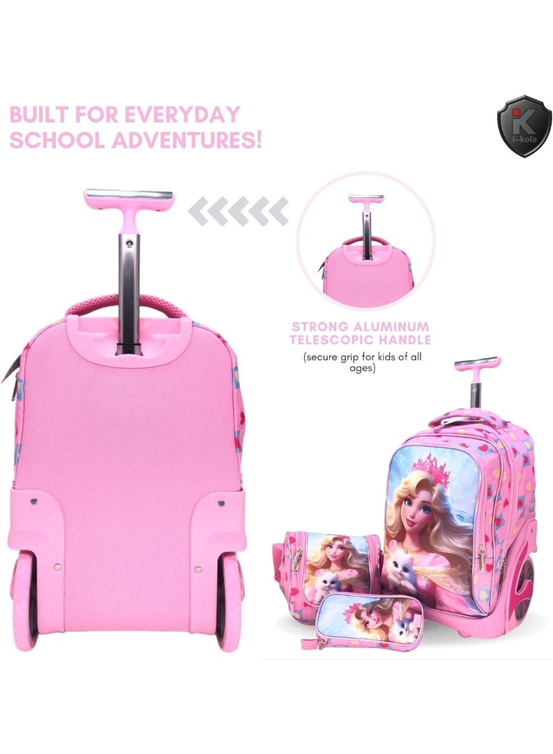 Pink children's suitcase with princess design and accessories on a white background