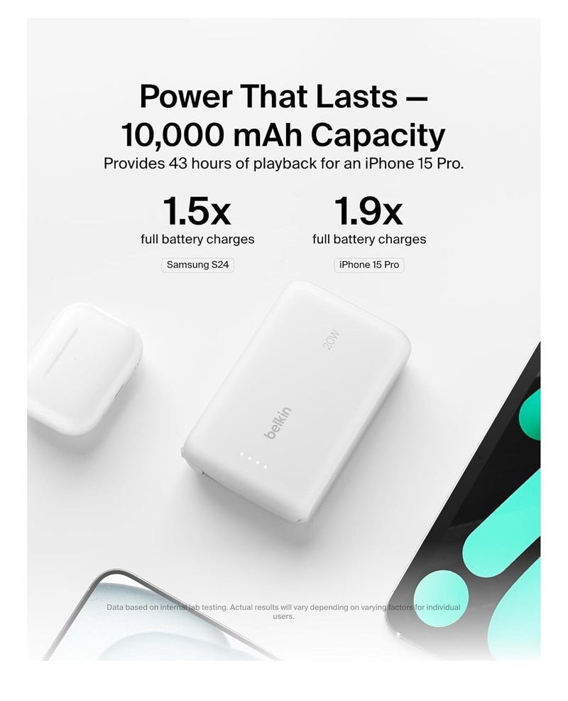 Belkin BoostCharge 10,000mAh Power Bank with Integrated Cable – White