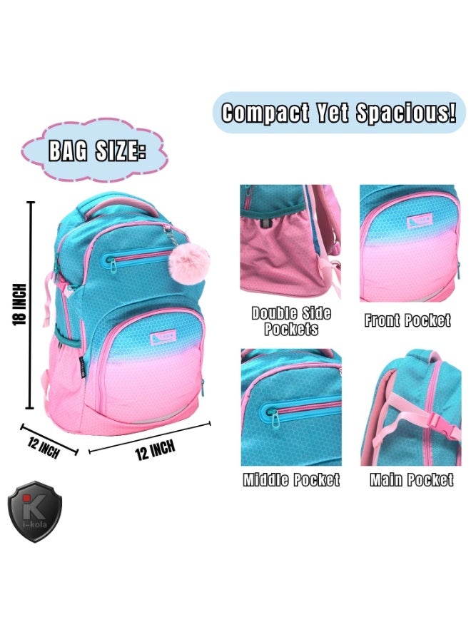 i-kola I-70014 18" School Backpack – Blue Pink, 3 Compartments, PVC Water-Resistant School Bag for Boys & Girls
