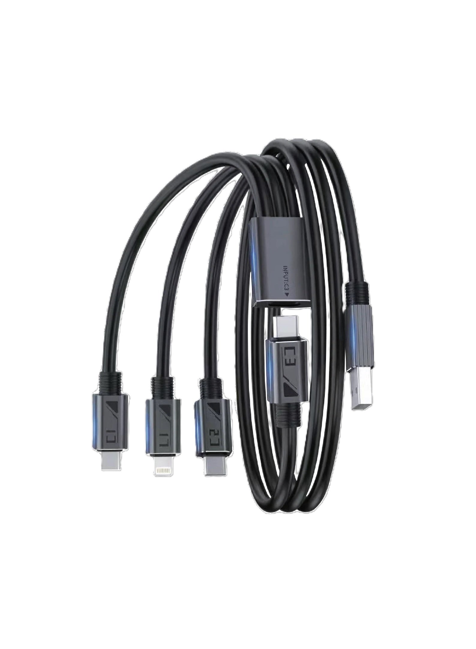 Merlin 4in1 Fast Charging Cable 100W USBC and USBA to TypeC Lightning and Micro USB Multi Charging and Data Sync Cable 1.2m Durable TPE Smart Chip Black