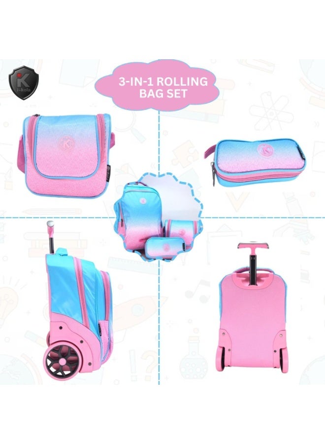 i-kola Blueish Pink 3pcs Kids Rolling School Bag Set with 16-inch trolley backpack, lunch bag & pencil case 3-in-1 rolling bag set with gradient pink and blue design on a white background.