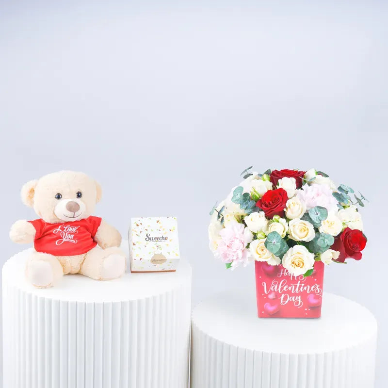 Valentine flower arrangement trio with roses, chocolates & teddy