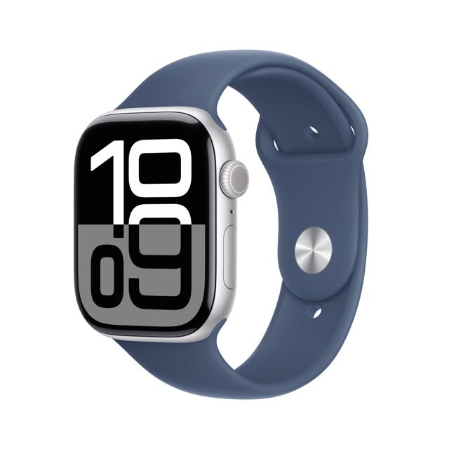 Apple Watch Series 10 GPS Silver Aluminum Case with Denim Sport BandWearablesThinstant classic Monumental DisplaySeries 10 is a major milestone for Apple Watch. It features Apple's biggest and most advanced display yet, showing more information onscreen t