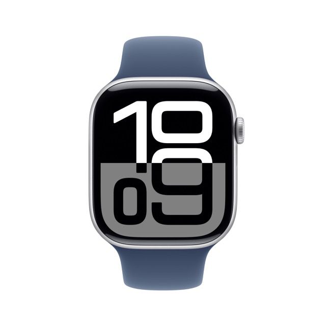 Apple Watch Series 10 GPS Silver Aluminum Case with Denim Sport BandWearablesThinstant classic Monumental DisplaySeries 10 is a major milestone for Apple Watch. It features Apple's biggest and most advanced display yet, showing more information onscreen t