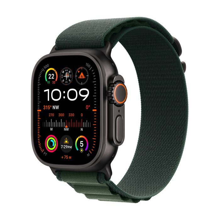 Apple Watch Ultra 2 GPS + Cellular 49mm Black Titanium Case with Dark Green Alpine LoopWearablesNew finish. Never quit.Featuring a stunning, new black titanium case, Apple Watch Ultra 2 is the ultimate sports and adventure watch. It has all the connectivi