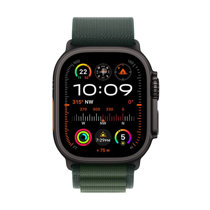 Apple Watch Ultra 2 GPS + Cellular 49mm Black Titanium Case with Dark Green Alpine LoopWearablesNew finish. Never quit.Featuring a stunning, new black titanium case, Apple Watch Ultra 2 is the ultimate sports and adventure watch. It has all the connectivi