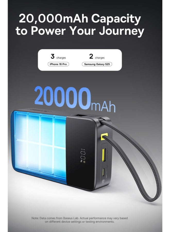 Baseus Qpow2 20000mAh Power Bank 22.5W – Built-In Braided USB-C, LED Display, Airline Approved, Cosmic Black