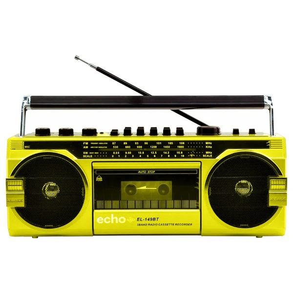 Echo Audio Retro Blast Bluetooth Boombox Portable Cassette Player Tape Recorder 3 Band Radio Voice Recorder Headphone Jack Supports USB and SD Cards YellowAM/FM/SW 3BAND RADIO CASSETTE RECORDER USB/SD FUNCTION BUILT-IN FM ANTENNA FOLD DOWN CARRY HANDLE AC