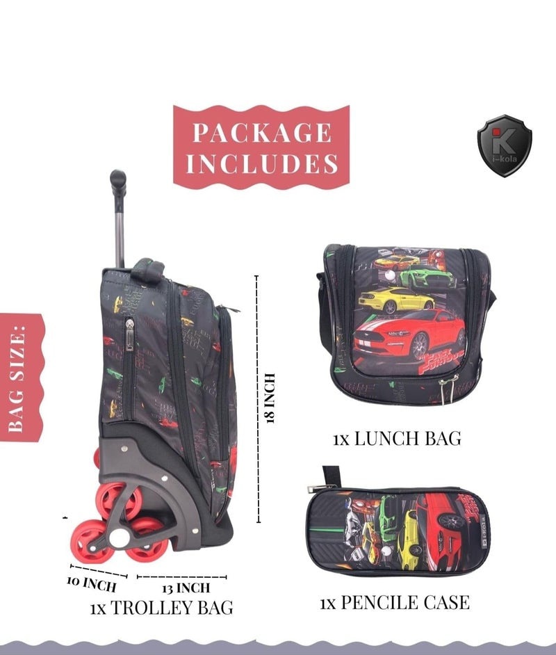 Package contents of a trolley bag with dimensions and included items on a white background.
