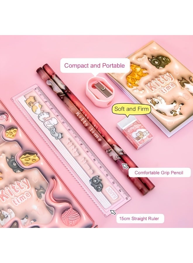 Generic Back to School Supply Kit for Girls – Pink Cat Stationery Set with Notebook, Pencils, Ruler, Eraser & Sharpener, Cute School Supplies