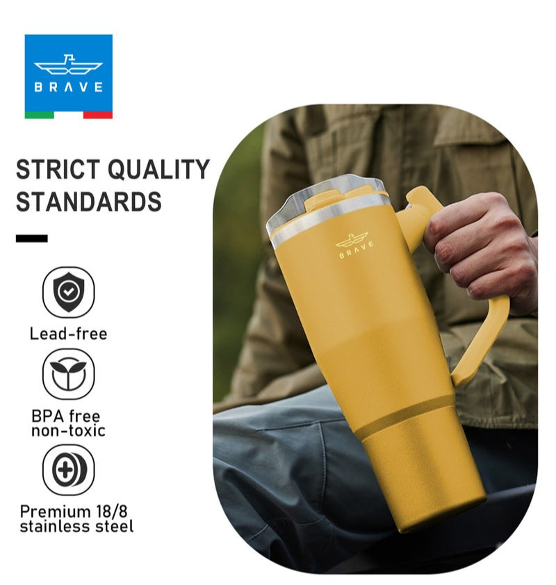 Brave 40oz (1200ml) Stainless Steel Insulated Tumbler with 180° Rotating Handle and Lid with Straw, 100% Leak Proof Travel Coffee Mug, Double Wall Vacuum Insulated Tumbler, Keeps Drinks Cold for 24 Hours or Hot for 12 Hours, BPA Free