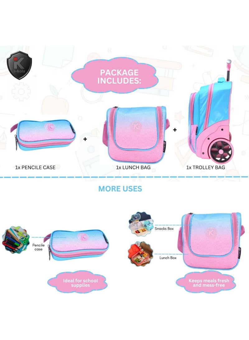 i-kola Blueish Pink 3pcs Kids Rolling School Bag Set - including a pencil case, lunch bag, and trolley bag 