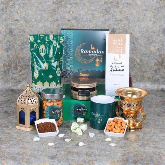 Ramadan Blessings Hamper BlueGifts and HampersHamper Includes: Prayer Mat Assorted Color 1 Prayer Beads Assorted Color Assorted Stuffed Dates Box 16 Pcs By Sweecho Asateer Premium Baklawa 375gm Rasasi or Swiss Arabia Oud Oil Assorted Color 1 Lantern Decor
