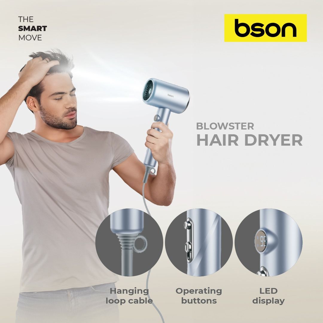 BSON 1800W Professional Hair Dryer with LCD Display, 2 Speed & 3 Heat Settings, Cool Shot, Overheat Protection – 1.8m CordHair Care1800W Powerful Motor – Delivers salon-quality drying with fast, efficient airflow. LCD Display – Real-time settings display
