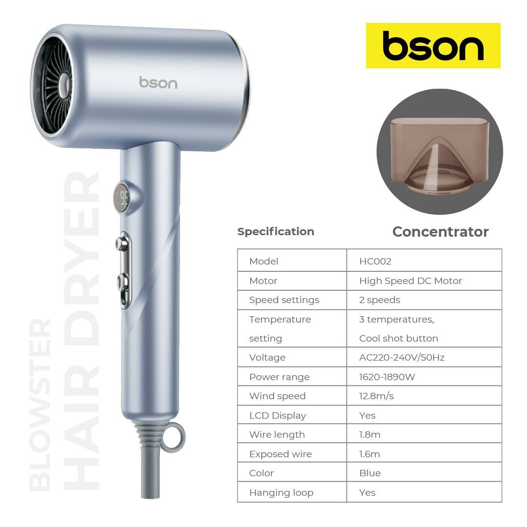 BSON 1800W Professional Hair Dryer with LCD Display, 2 Speed & 3 Heat Settings, Cool Shot, Overheat Protection – 1.8m CordHair Care1800W Powerful Motor – Delivers salon-quality drying with fast, efficient airflow. LCD Display – Real-time settings display