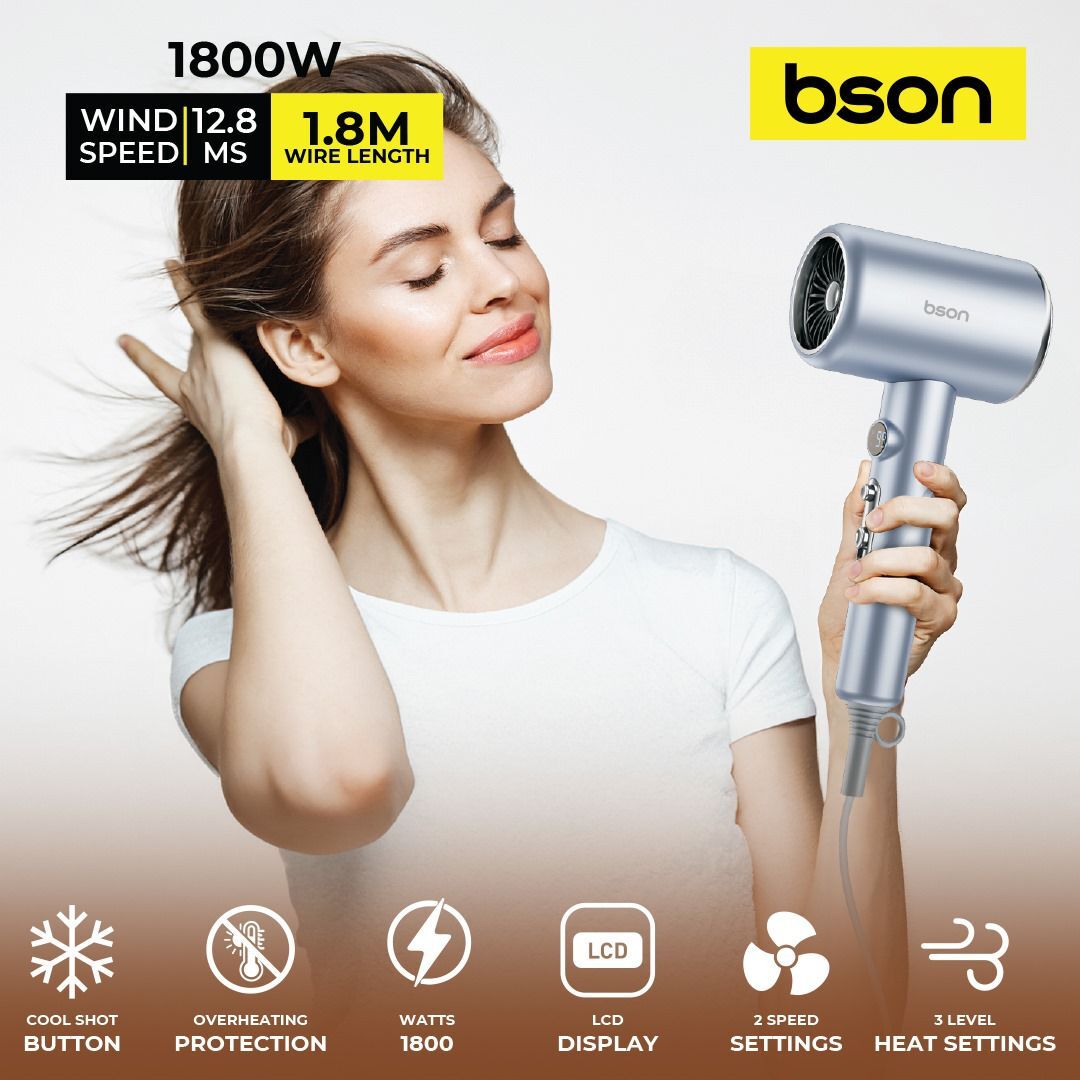 BSON 1800W Professional Hair Dryer with LCD Display, 2 Speed & 3 Heat Settings, Cool Shot, Overheat Protection – 1.8m CordHair Care1800W Powerful Motor – Delivers salon-quality drying with fast, efficient airflow. LCD Display – Real-time settings display