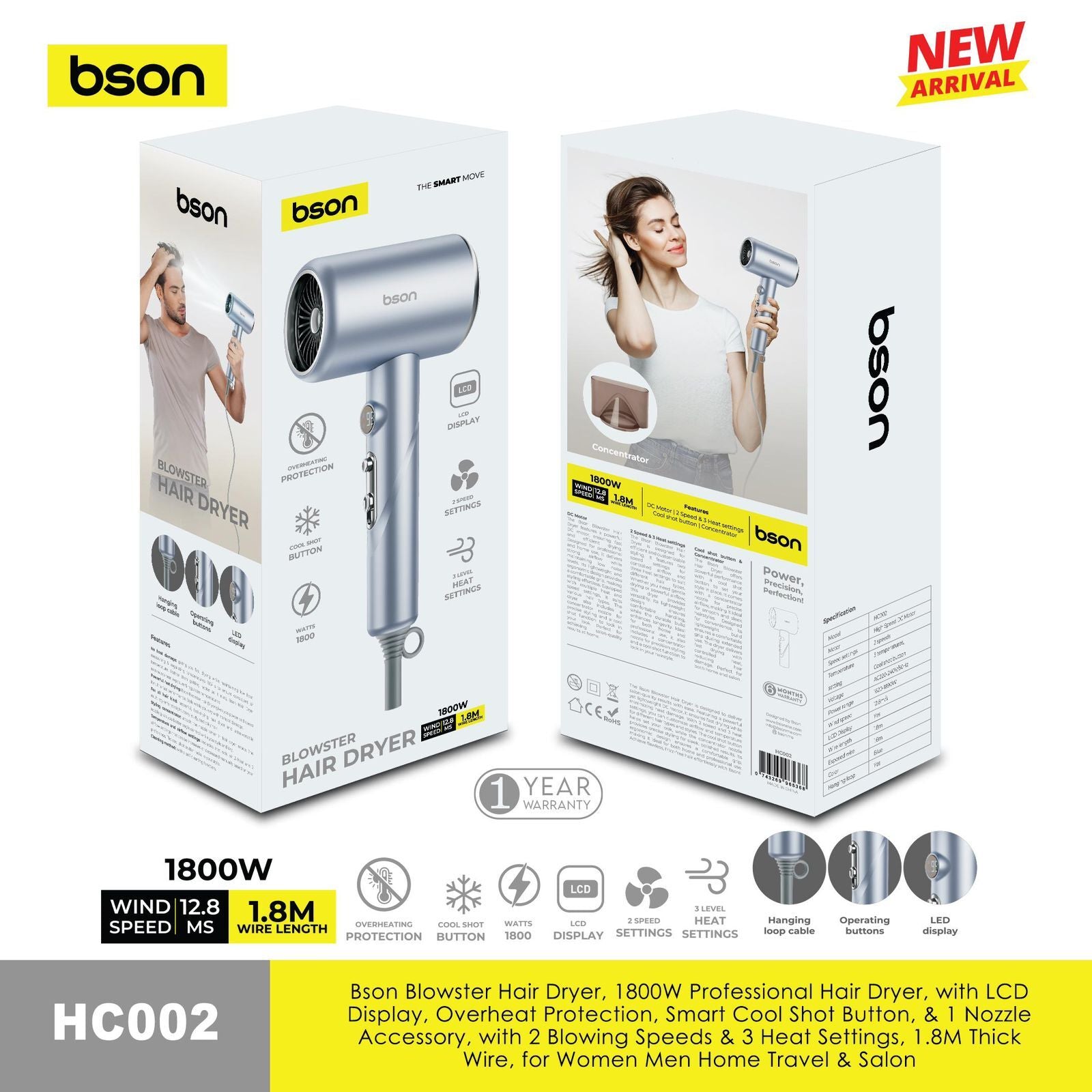 BSON 1800W Professional Hair Dryer with LCD Display, 2 Speed & 3 Heat Settings, Cool Shot, Overheat Protection – 1.8m CordHair Care1800W Powerful Motor – Delivers salon-quality drying with fast, efficient airflow. LCD Display – Real-time settings display