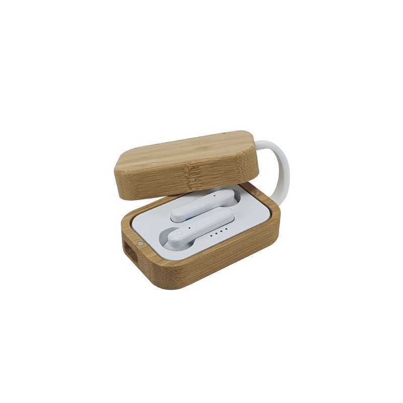 BT TWS Wireless Earbuds with Bamboo Charging Case – Sustainable Bluetooth Earphones with Eco-Friendly Design